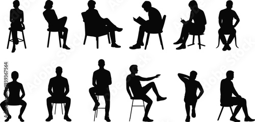 Collection of diverse male and female silhouettes in various seated and standing poses on white background