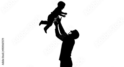 Silhouette of a man playfully lifting a child into the air with joy and love on a white background
