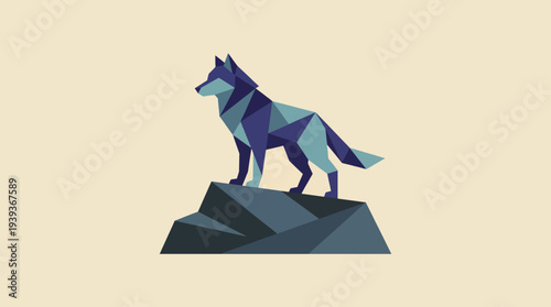 A striking geometric illustration of a wolf standing on a rock, showcasing bravery and exploration, suitable for outdoor and wildlife related themes and branding.