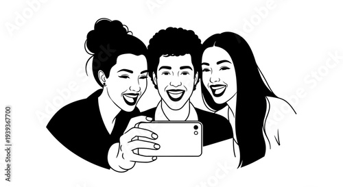 Three friends taking a selfie together with smiles on their faces in a black and white illustration
