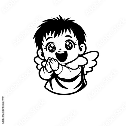 Cute smiling angel character clapping hands, kawaii cartoon illustration