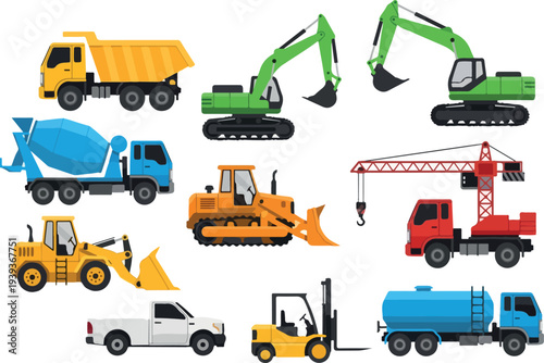Collection of various heavy machinery and vehicles used in construction sites viewed from above