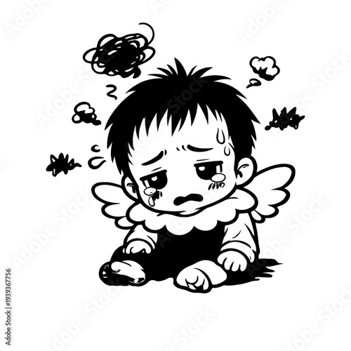 Cute sad angel character feeling depressed, kawaii cartoon illustration