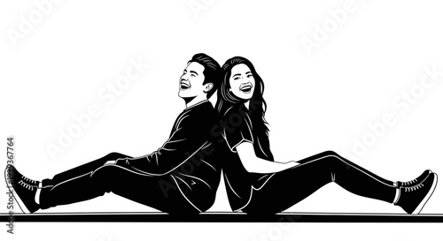 Young couple sitting back to back in splits on floor laughing together