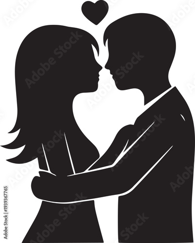 Black silhouette of a romantic couple kissing with a heart above them
