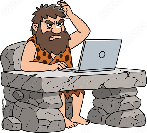 Caveman using laptop at stone desk cartoon prehistoric man working on computer funny technology evolution concept vector illustration