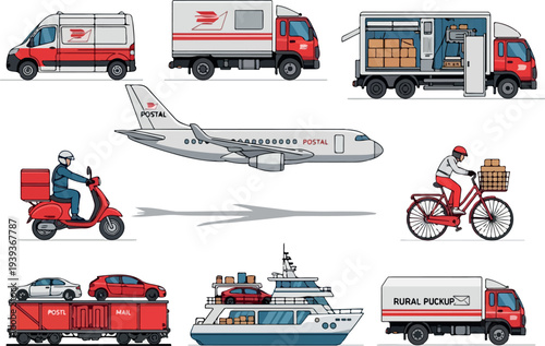 Various transportation methods including trucks, airplanes, and boats are depicted in a modern logistics scene from multiple viewpoints.