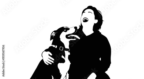 Woman and dog howling together in unison black silhouette white background emotional expression human pet bond