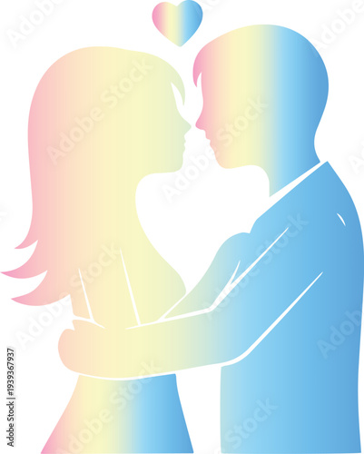 Rainbow silhouette of a loving couple kissing with a heart above them