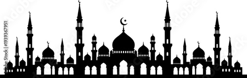 Majestic mosque silhouette with crescent moon and minarets