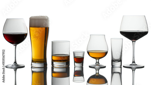 Set of various alcoholic drinks in glasses isolated on transparent background