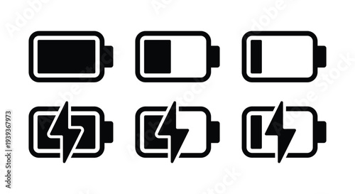 Battery Charge Icons Set – Full, Medium, Low and Charging Battery Level Symbols for Power Status Indicators, Device Energy UI and Technology Interface Icons