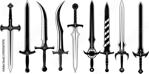 Set of black and white sword silhouettes featuring medieval broadswords, curved scimitars, and fantasy blades for game assets, heraldic logos, and warrior tattoo