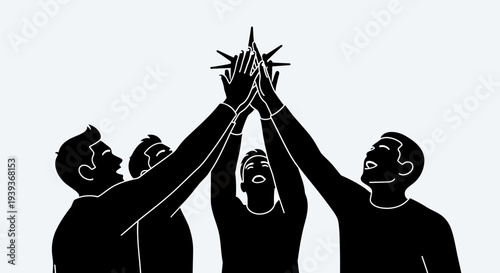 Four people stacking hands in a symbol of teamwork and unity with a starburst