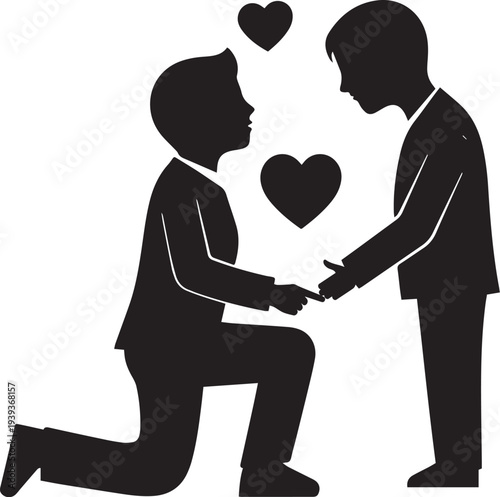 Silhouette of a man proposing to another man with hearts around them