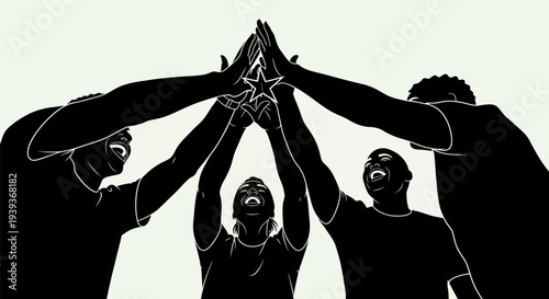 Diverse group of four people stacking hands in unity and celebration on a white background