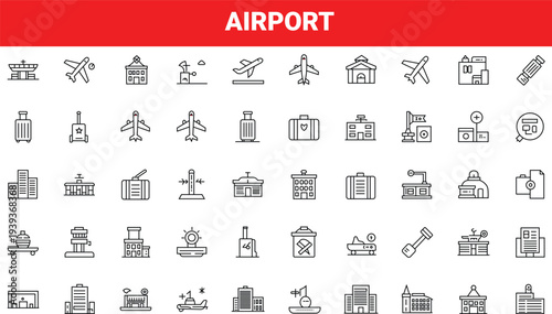 Airport transportation icons set flat design vector illustration with travel symbols and global connectivity elements