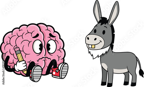Funny brain mascot thinking beside smiling donkey cartoon characters intelligence and stupidity concept vector illustration isolated