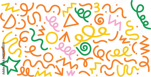 Colorful abstract doodle shape set vector illustration, playful minimalist line art symbols for kids, party, and creative design scalable graphic