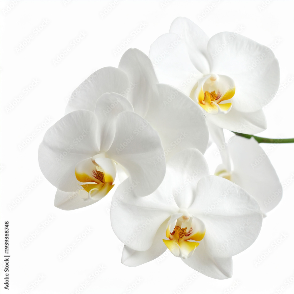 Obraz premium the image shows a cluster of flowers with smooth, delicate white petals. the center of each flower exhibits a touch of yellow color. these flowers are positioned on a thin, light green stem