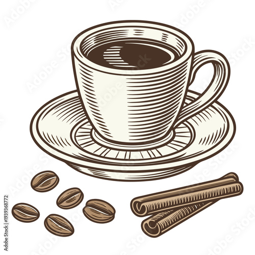 Coffee Cup Saucer Beans Cinnamon Sticks Illustration Transparent Background