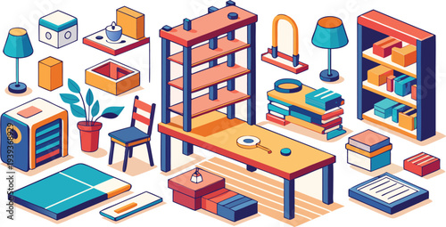 Isometric furniture and office supplies collection vector illustration