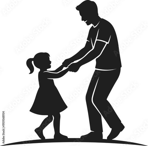 Silhouette of a Happy Father and Cute Little Daughter Dancing and Holding Hands, Joyful Family Vector Illustration Isolated on a Clean White Background