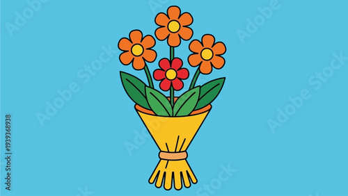 Illustration of a bouquet of flowers in a yellow wrapper with a blue background, representing celebration and nature