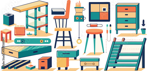 Set of colorful modern furniture icons and home decor elements
