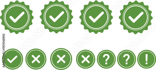 Green checkmark badges and validation icons set tick cross question exclamation symbols approval verification quality guarantee vector illustration collection