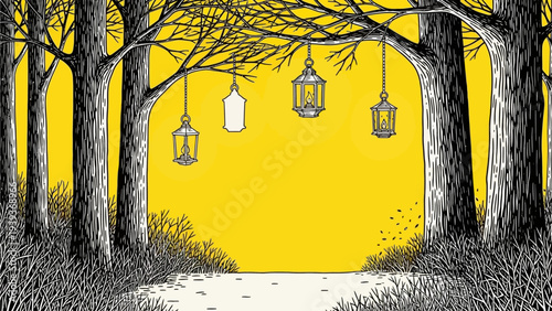 Enchanting forest pathway illuminated by hanging lanterns, creating a mystical and inviting atmosphere