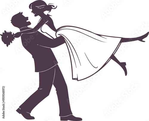 Silhouette of a groom carrying his bride in a wedding dress