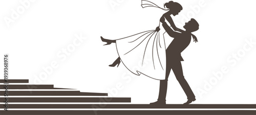 Silhouette of a groom carrying his bride on stairs