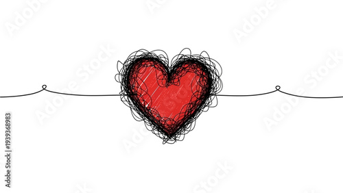 A hand-drawn, scribbled red heart with tangled lines, symbolizing complex emotions and affection, set against a clean white background, perfect for a romantic or artistic design