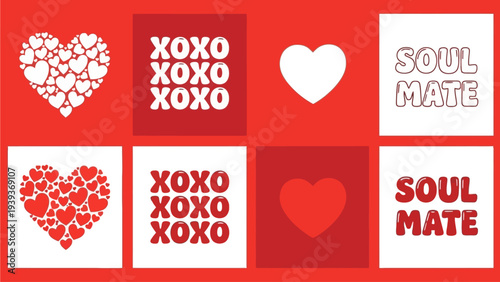 Vibrant collection of red and white graphic elements featuring various heart designs and romantic typography for Valentine's Day celebrations, love-themed projects, and affectionate greetings