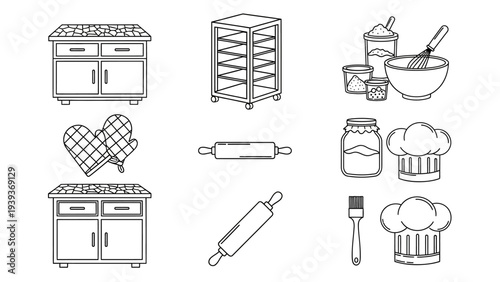 A versatile concept collection of black and white line art illustrations for home baking, featuring essential kitchen tools, equipment, and raw ingredients for culinary preparation
