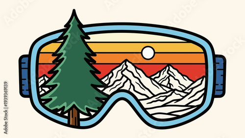 Stylized ski goggles showcasing a scenic mountain range with a prominent evergreen tree against a warm, striped sunset sky, embodying winter sports and nature adventure
