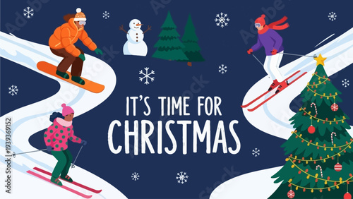 Joyful Winter Wonderland with People Skiing and Snowboarding Amidst Snowy Christmas Trees and Festive Decorations, Celebrating the Holiday Season