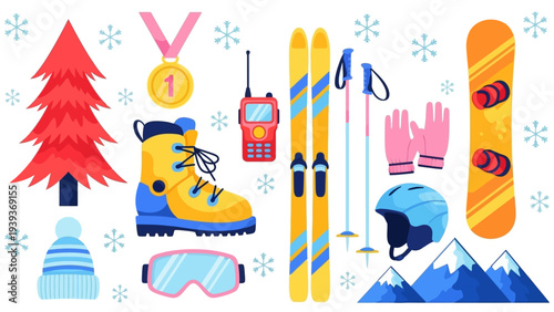 Winter sports equipment collection including skis, snowboard, helmet, goggles, boots, ski poles, and festive decorations like a Christmas tree
