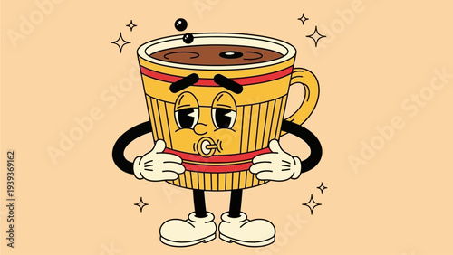 Whimsical cartoon coffee cup character with a pacifier, conveying a sense of exhaustion or needing comfort, set against a warm, minimalist background with subtle sparkle accents
