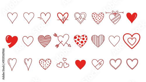 A diverse collection of hand-drawn and stylized heart icons, perfect for conveying themes of love, romance, and affection across various creative projects and design concepts