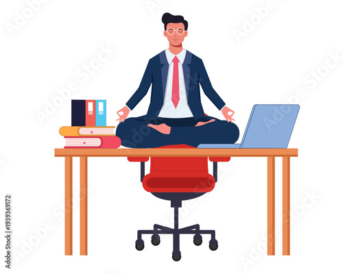 vector illustration of businessman doing mindful meditation to calm down from stressful work in office over desk.