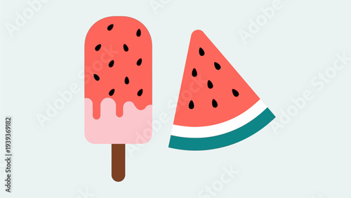 Vibrant flat graphic icons of a delicious watermelon popsicle and a fresh fruit slice, perfectly embodying the sweet, refreshing essence and simple joys of a sunny summer day