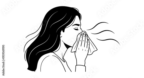 Woman blowing nose with tissue illustration.