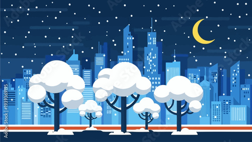 A serene winter night unfolds over a modern urban landscape, with gentle snowflakes dancing around snow-laden trees and a crescent moon illuminating the city skyline in a peaceful, flat design 