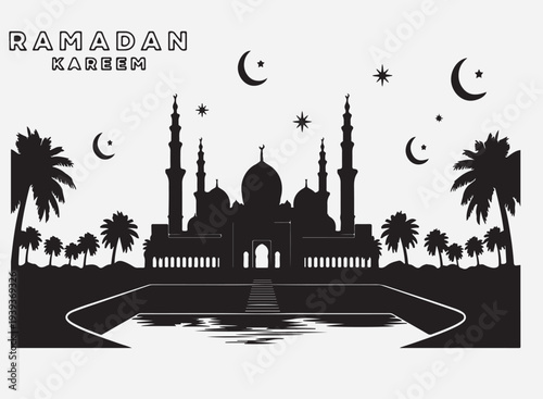 Ramadan mubarak greeting with a silhouette of a mosque and crescent moon
