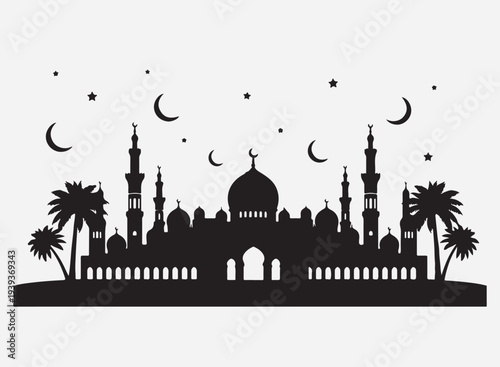 Ramadan mubarak greeting with a silhouette of a mosque and crescent moon