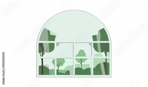 Elegant arched window with lush green nature view vector illustration