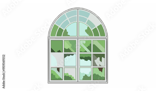 Arched window with green nature view bright home interior vector illustration
