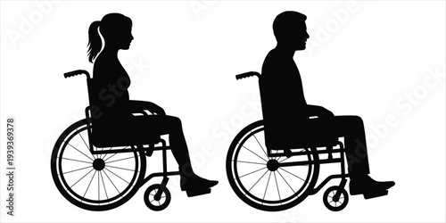 Silhouettes of a Woman and a Man Sitting in Wheelchairs Side by Side Keywords: wheelchair, disability, accessibility, person